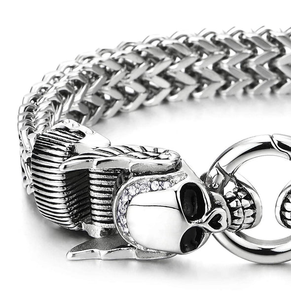 COOLSTEELANDBEYOND Mens Steel Franco Link Curb Chain Bracelet, Wing Skull with Cubic Zirconia, Spring Ring Clasp - coolsteelandbeyond