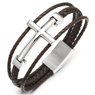 Mens Steel Horizontal Sideway Lateral Cross Three-Row Brown Braided Leather Bangle Bracelet - COOLSTEELANDBEYOND Jewelry