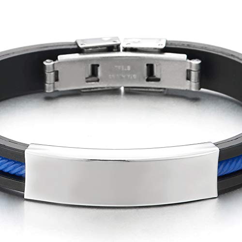 COOLSTEELANDBEYOND Mens Steel ID Identification Black Rubber Bracelet Inlaid with Blue Twisted Rubber - coolsteelandbeyond
