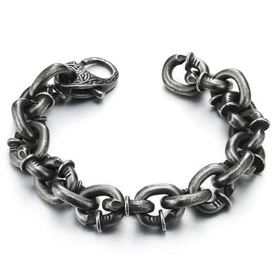 Mens Steel Nail Rolo Link Chain Bracelet, Tribal Tattoo Pattern Spring Clasp, Aged Metal Finishing - COOLSTEELANDBEYOND Jewelry
