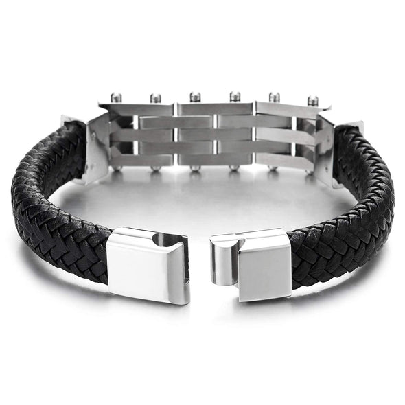 Mens Steel Polished Geometric ID Identification Bracelet Black Braided Leather Bangle Magnetic Clasp - COOLSTEELANDBEYOND Jewelry