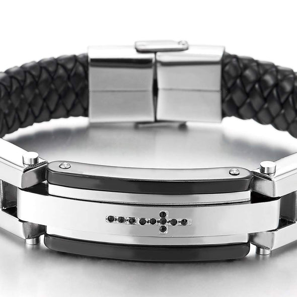 Mens Steel Silver Black Cross ID Identification Black Braided Leather Bracelet with Cubic Zirconia