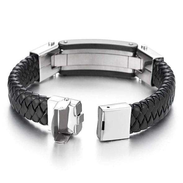 Mens Steel Silver Black Cross ID Identification Black Braided Leather Bracelet with Cubic Zirconia