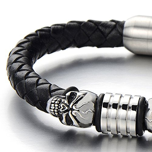 COOLSTEELANDBEYOND Mens Steel Skull Black Leather Bracelet Genuine Leather Wristband Bangle with Steel Magnetic Clasp - coolsteelandbeyond