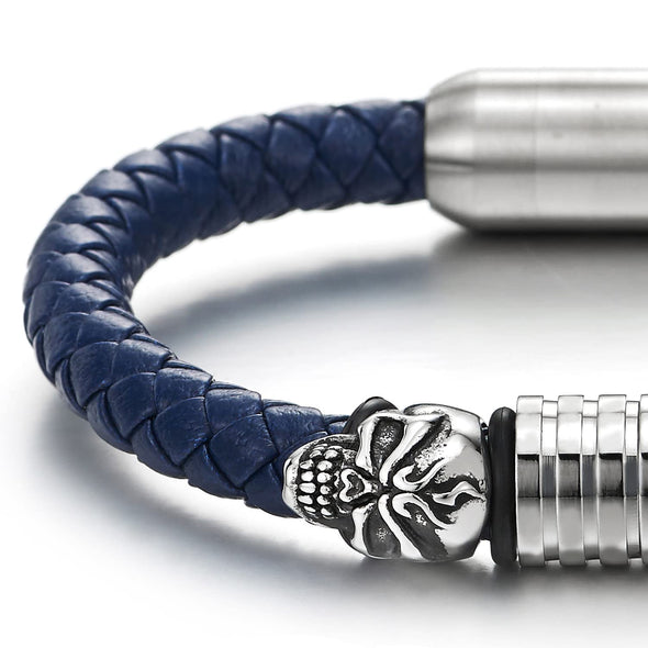 Mens Steel Skull Blue Leather Bracelet Genuine Leather Wristband Bangle with Steel Magnetic Clasp - COOLSTEELANDBEYOND Jewelry