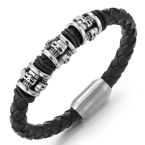 COOLSTEELANDBEYOND Mens Steel Skull Charms Black Braided Leather Bracelet Bangle Wristband with Magnetic Clasp - coolsteelandbeyond