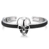 COOLSTEELANDBEYOND Mens Steel Skull Cuff Bangle Bracelet Inlaid with Black Braided Leather, Silver Black, Polished - coolsteelandbeyond
