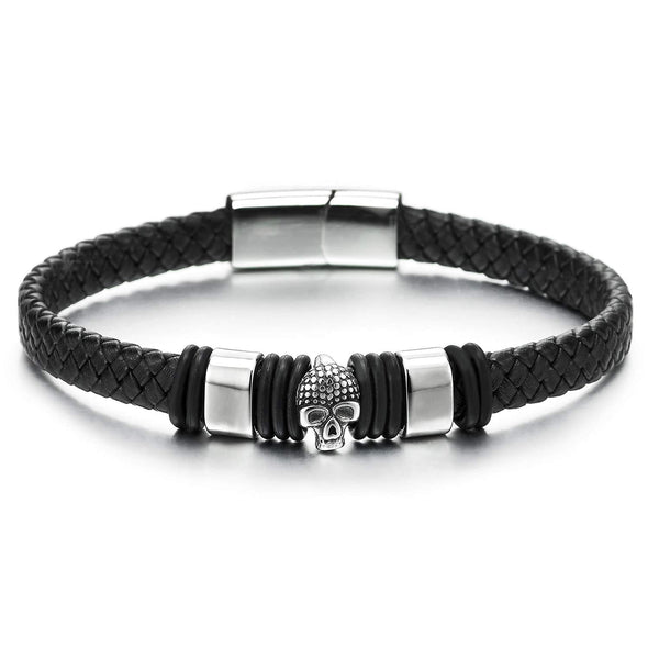 Mens Steel Vintage Dotted Skull Thin Black Braided Leather Bangle Bracelet with Magnetic Clasp