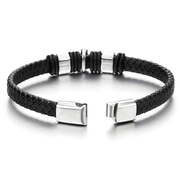 Mens Steel Vintage Dotted Skull Thin Black Braided Leather Bangle Bracelet with Magnetic Clasp