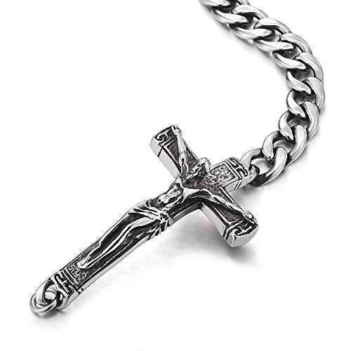 COOLSTEELANDBEYOND Mens Steel Vintage Jesus Christ Crucifix Horizontal Sideway Lateral Cross Curb Chain Bracelet - coolsteelandbeyond