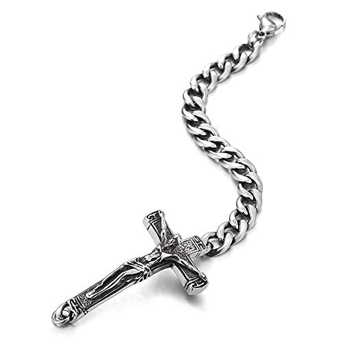 COOLSTEELANDBEYOND Mens Steel Vintage Jesus Christ Crucifix Horizontal Sideway Lateral Cross Curb Chain Bracelet - coolsteelandbeyond