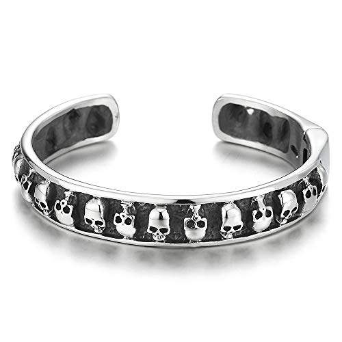 COOLSTEELANDBEYOND Mens Steel Vintage Skulls Cuff Bangle Bracelet with Spring Clasp, Gothic Punk Rock, Polished - coolsteelandbeyond
