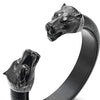 COOLSTEELANDBEYOND Mens Steel Wolf Head Open Cuff Bangle Bracelet Inlaid with Black Leather, Elastic Adjustable - coolsteelandbeyond