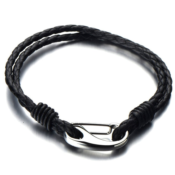 Mens Thin Braided Leather Bracelet Black Genuine Leather Wristband with ...