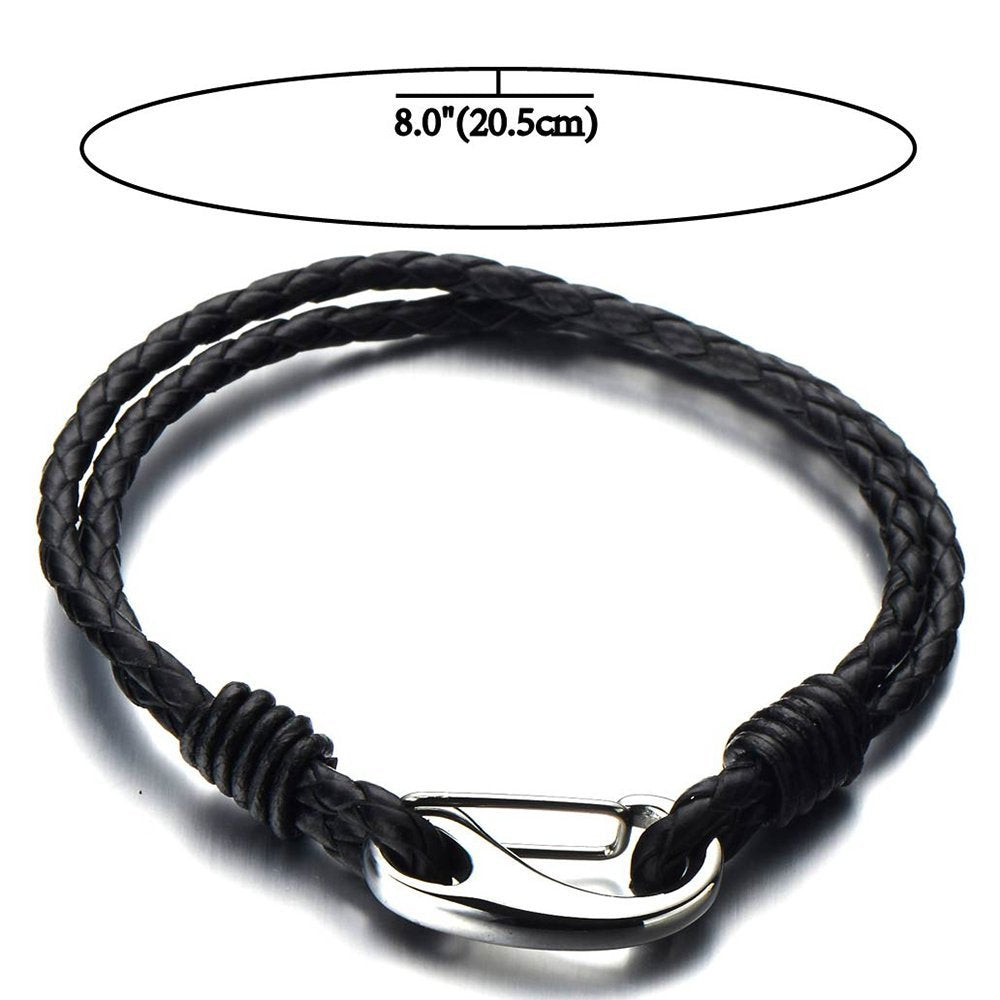Mens Thin Braided Leather Bracelet Black Genuine Leather Wristband with ...