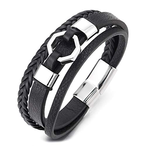 COOLSTEELANDBEYOND Mens Three-Strand Black Braided Leather Bracelet Bangle Wristband with Stainless Steel Octagon Charm - coolsteelandbeyond