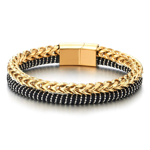 COOLSTEELANDBEYOND Mens Two-Row Steel Gold Franco Box Chain Ball Chain Interwoven with Black Cotton Rope Bracelet - coolsteelandbeyond