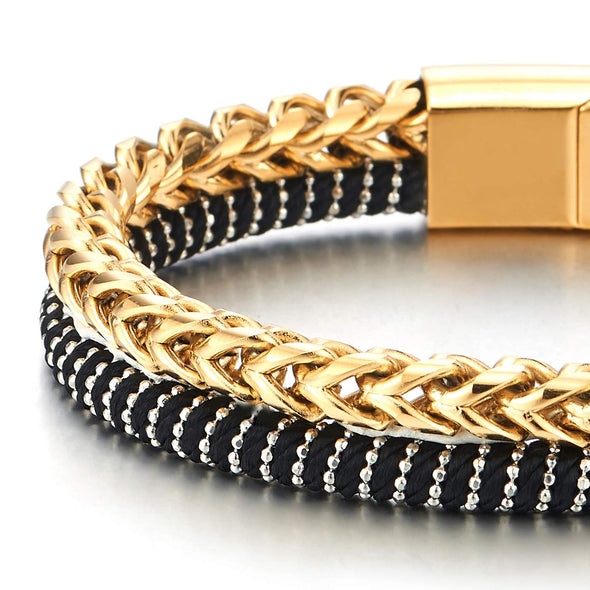 COOLSTEELANDBEYOND Mens Two-Row Steel Gold Franco Box Chain Ball Chain Interwoven with Black Cotton Rope Bracelet - coolsteelandbeyond