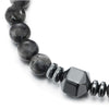COOLSTEELANDBEYOND Mens Women 8.5MM Grey Gem Stone Beads Bracelet with Hexagon Hematite Bead Charms, Mala, Stretchable - coolsteelandbeyond