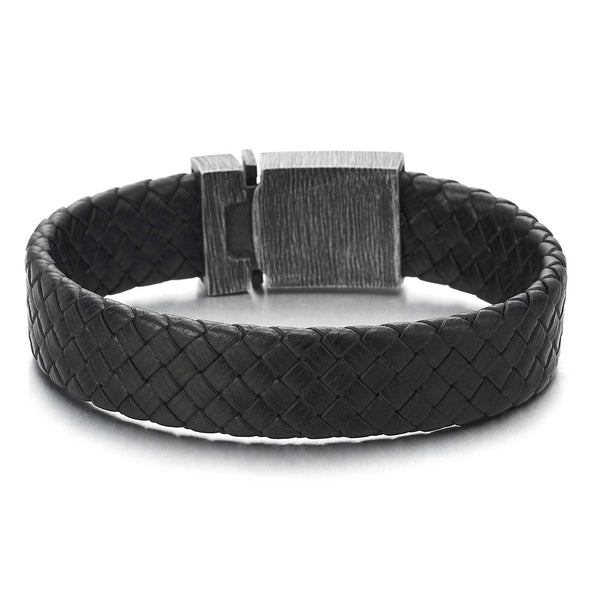 COOLSTEELANDBEYOND Mens Women Black Braided Leather Bracelet Wristband with Steel Old Metal Finished Box Spring Clasp - coolsteelandbeyond