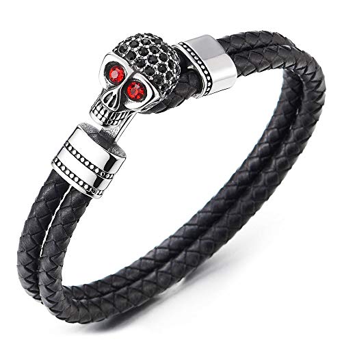 COOLSTEELANDBEYOND Mens Women Black Braided Leather Two-Row Wristband Bracelet, Steel Skull Hook with Black Red CZ - coolsteelandbeyond