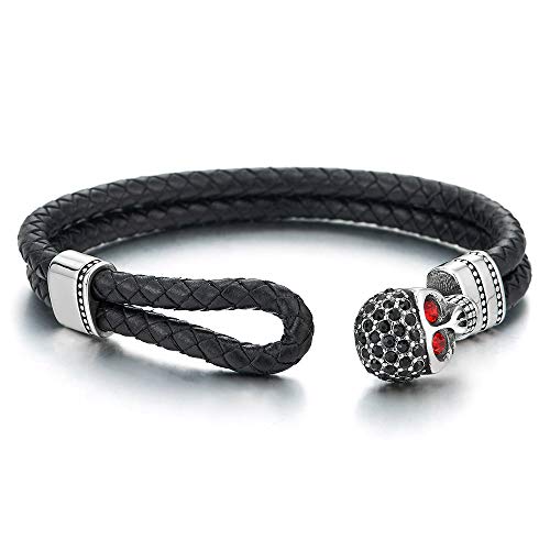 COOLSTEELANDBEYOND Mens Women Black Braided Leather Two-Row Wristband Bracelet, Steel Skull Hook with Black Red CZ - coolsteelandbeyond