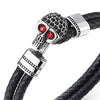 COOLSTEELANDBEYOND Mens Women Black Braided Leather Two-Row Wristband Bracelet, Steel Skull Hook with Black Red CZ - coolsteelandbeyond