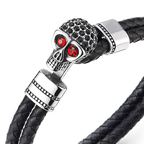 COOLSTEELANDBEYOND Mens Women Black Braided Leather Two-Row Wristband Bracelet, Steel Skull Hook with Black Red CZ - coolsteelandbeyond