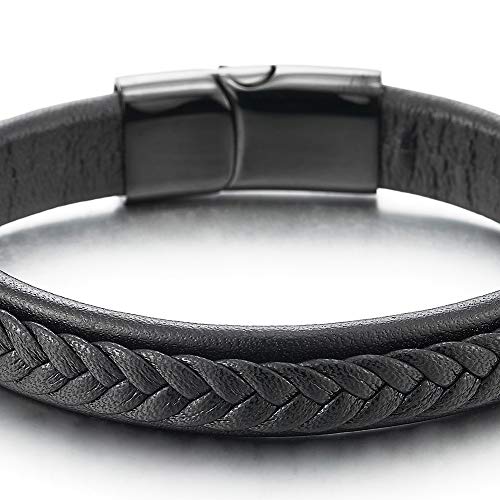 COOLSTEELANDBEYOND Mens Women Black Braided Leather Wristband Bangle Bracelet with Black Steel Magnetic Box Clasp - coolsteelandbeyond