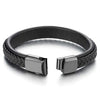 COOLSTEELANDBEYOND Mens Women Black Braided Leather Wristband Bangle Bracelet with Black Steel Magnetic Box Clasp - coolsteelandbeyond