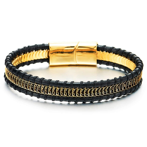 Mens Women Black Leather Bangle Bracelet Inlaid Gold Steel Mesh Link Chain Wrapped with Cotton Rope - COOLSTEELANDBEYOND Jewelry