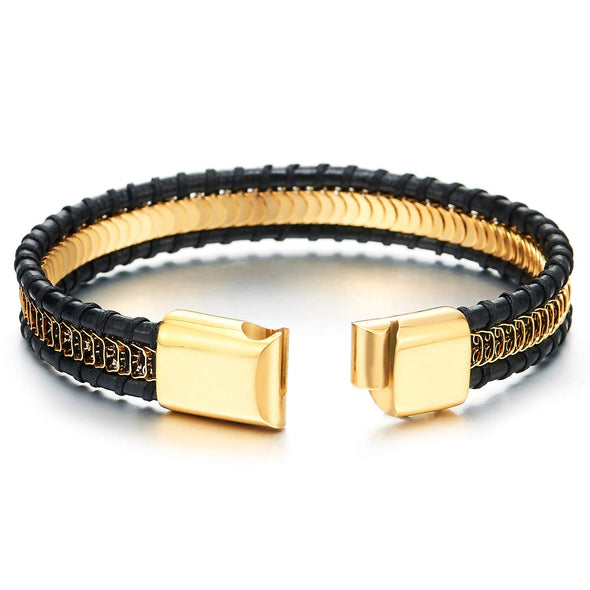 Mens Women Black Leather Bangle Bracelet Inlaid Gold Steel Mesh Link Chain Wrapped with Cotton Rope - COOLSTEELANDBEYOND Jewelry