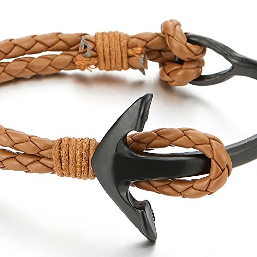 COOLSTEELANDBEYOND Mens Women Black Marine Anchor Bangle Bracelet Wristband with Light Brown Braided Leather Straps - coolsteelandbeyond