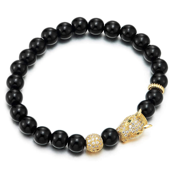 Mens Women Black Onyx Beads Bracelet with Cubic Zirconia Pave Gold Color Dragon Head and Ball Charm
