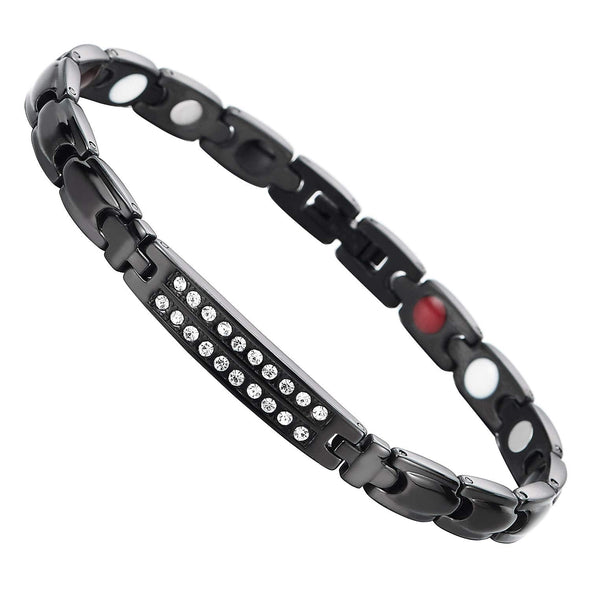 COOLSTEELANDBEYOND Mens Women Black Steel Cubic Zirconia Thin Bracelet, Free Link Removal Kit - coolsteelandbeyond