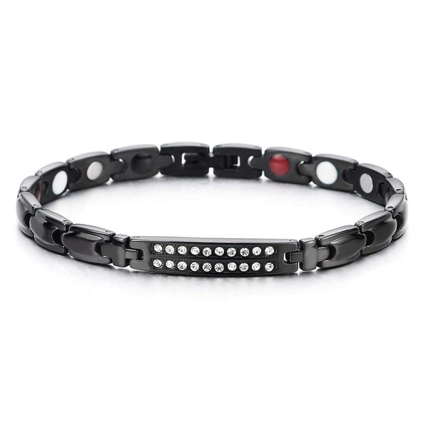 COOLSTEELANDBEYOND Mens Women Black Steel Cubic Zirconia Thin Bracelet, Free Link Removal Kit - coolsteelandbeyond