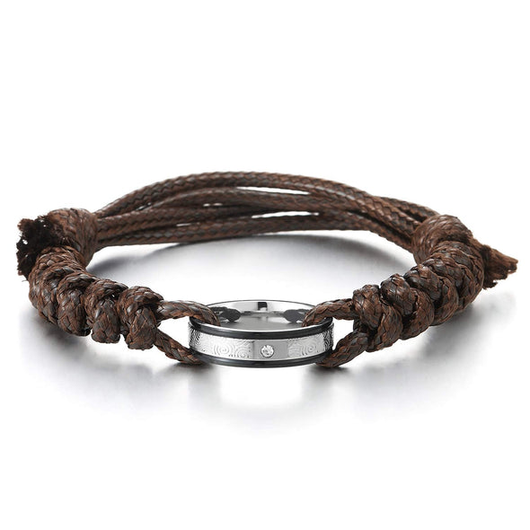 COOLSTEELANDBEYOND Mens Women Brown Braided Cotton Bracelet, Silver Black Steel Circle Ring Charm with CZ, Fingerprint - coolsteelandbeyond