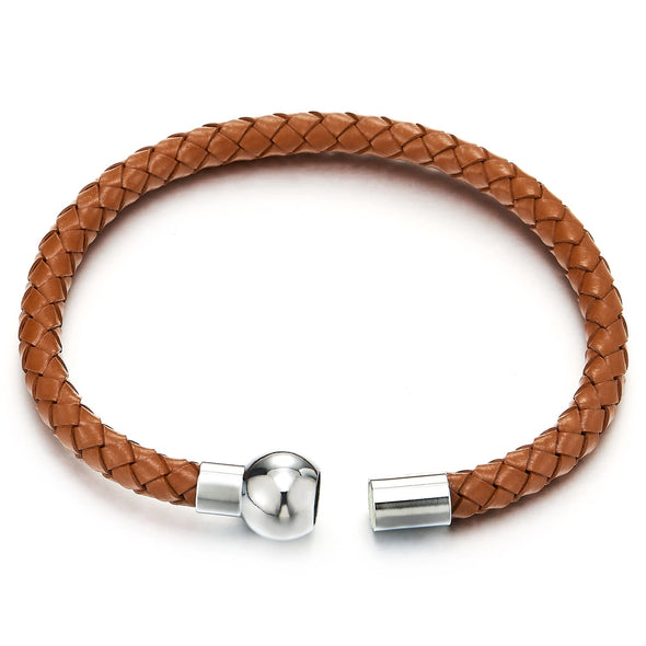 Mens Women Brown Braided Leather Bracelet Genuine Leather Bangle Wristband with Magnetic Clasp Thin - COOLSTEELANDBEYOND Jewelry