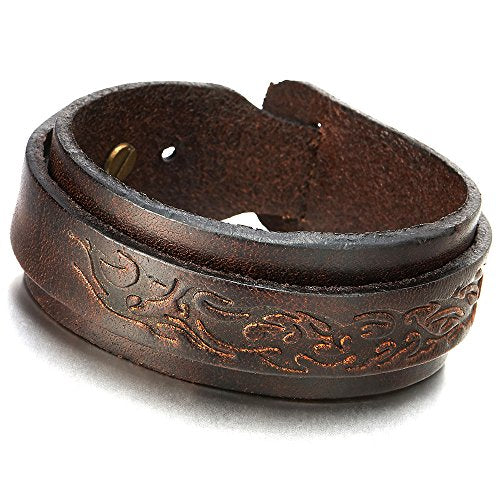COOLSTEELANDBEYOND Mens Women Brown Genuine Leather Wristband Bangle Bracelet with Embossed Pattern - coolsteelandbeyond