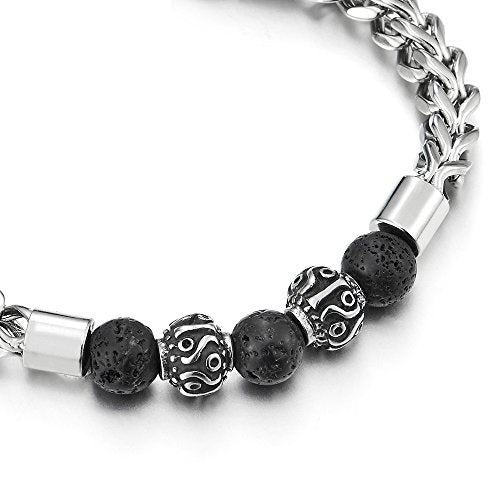 COOLSTEELANDBEYOND Mens Women Elastic Franco Link Curb Chain Bracelet Steel Bead Black Volcanic Lava Rock Stone Beads - coolsteelandbeyond