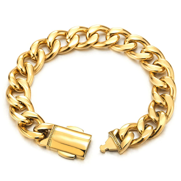 Mens Women Gold Curb Chain Bracelet in Stainless Steel 8 Inches High Polished with Beautiful Shine - COOLSTEELANDBEYOND Jewelry