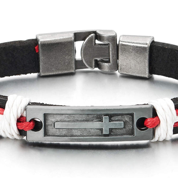 COOLSTEELANDBEYOND Mens Women Grey ID Identification Cross Black Leather Interwoven Red White Cotton Rope Bangle Bracelet - coolsteelandbeyond