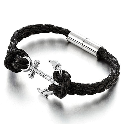 COOLSTEELANDBEYOND Mens Women Marine Anchor Bangle Bracelet Wristband with Black Braided Leather Straps - coolsteelandbeyond