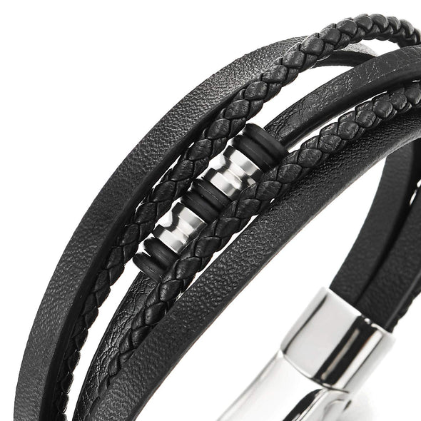 COOLSTEELANDBEYOND Mens Women Multi-Strand Black Braided Leather Bracelet Bangle with Steel Silver Bead Charms - coolsteelandbeyond