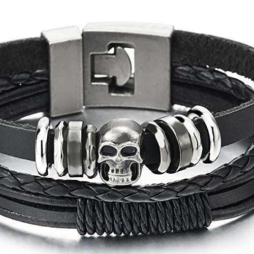 Mens Women Multi-Strand Black Braided Leather Bracelet with Skull Beads Charm and Cotton Rope String - COOLSTEELANDBEYOND Jewelry