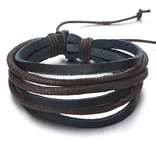 COOLSTEELANDBEYOND Mens Women Multi-Strand Black Leather Brown Cotton Rope Bracelet Wristband Wrap Bracelet, Adjustable - coolsteelandbeyond