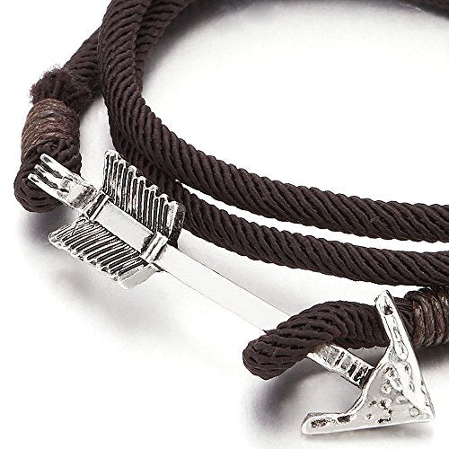 COOLSTEELANDBEYOND Mens Women Multi-Strand Brown Cotton Rope Wrap Bracelet Wristband with Arrow Hook Closure - coolsteelandbeyond