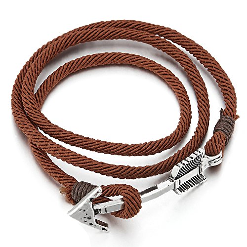 COOLSTEELANDBEYOND Mens Women Multi-Strand Brown Cotton Rope Wrap Bracelet Wristband with Arrow Hook Closure - coolsteelandbeyond
