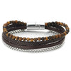 COOLSTEELANDBEYOND Mens Women Multi-Strand Steel Link Chain Braided Leather Tiger Eye Stone Beads Chain Bangle Bracelet - coolsteelandbeyond