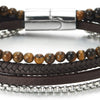 COOLSTEELANDBEYOND Mens Women Multi-Strand Steel Link Chain Braided Leather Tiger Eye Stone Beads Chain Bangle Bracelet - coolsteelandbeyond
